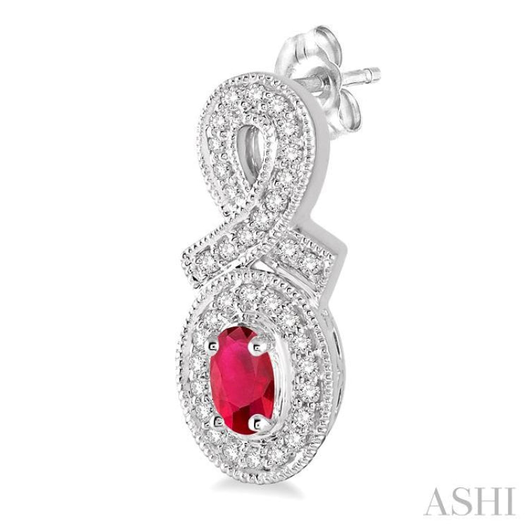 5x3 MM Oval Cut Ruby and 1/3 Ctw Round Cut Diamond Earrings in 10K White Gold