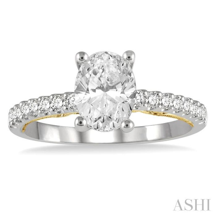 1/4 ctw Oval Shape Round Cut Diamond Semi-Mount Engagement Ring in 14K White and Yellow Gold