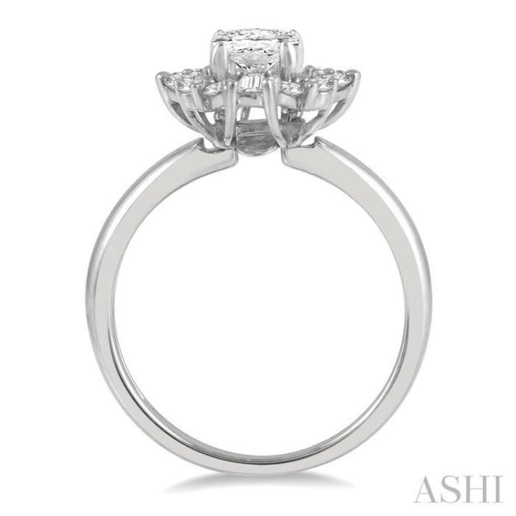 5/8 ctw Marquise Shape Oval, Baguette and Round Cut Diamond Semi-Mount Engagement Ring in 14K White Gold