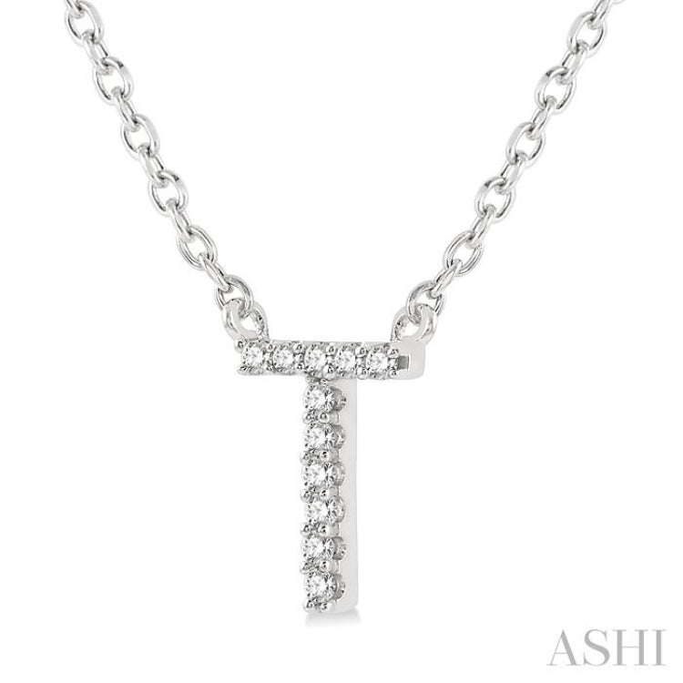 1/20 ctw Initial 'T' Round Cut Diamond Pendant With Chain in 14K White Gold