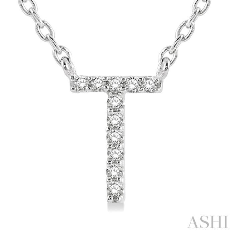 1/20 ctw Initial 'T' Round Cut Diamond Pendant With Chain in 14K White Gold
