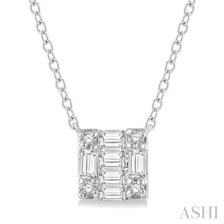 1/8 Ctw Square Shape Baguette and Round Cut Diamond Petite Fashion Pendant With Chain in 14KWhite Gold