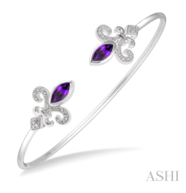 Ashi Silver Fleur De Lis Gemstone Diamond Flexi Open Cuff Bangle Bracelet