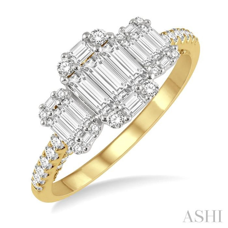 7/8 ctw Tri-Mount Fusion Baguette and Round Cut Diamond Engagement Ring in 14K Yellow and White gold