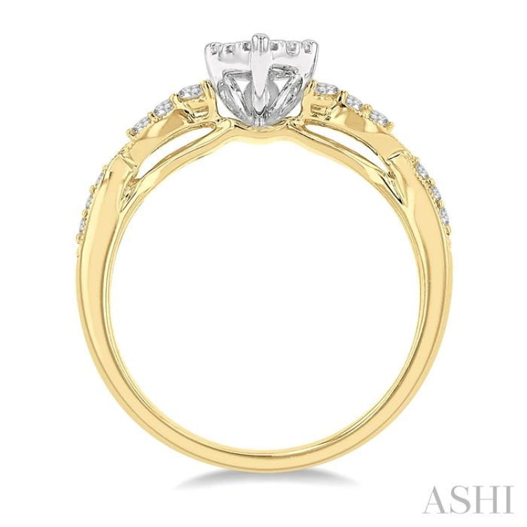 1/2 ctw Pear Shape Center Crisscross Carved Shank Lovebright Round Cut Diamond Engagement Ring in 14K Yellow and White gold