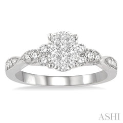 1/2 ctw Oval Shape Center Crisscross Carved Shank Lovebright Round Cut Diamond Engagement Ring in 14K White Gold