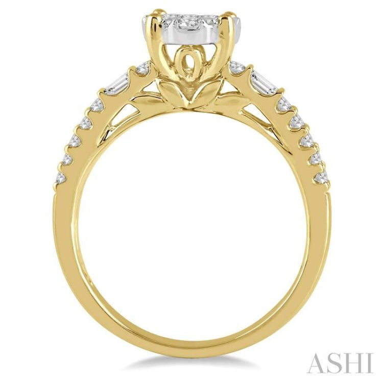 7/8 Ctw Round and Baguette Diamond Lovebright Engagement Ring in 14K Yellow and White gold