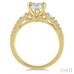 7/8 Ctw Round and Baguette Diamond Lovebright Engagement Ring in 14K Yellow and White gold