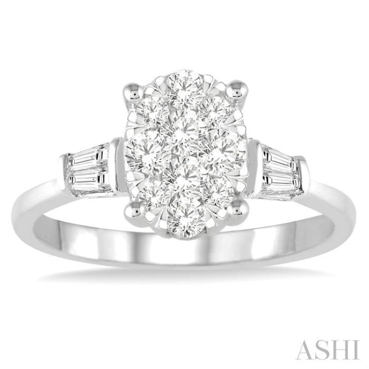 5/8 ctw Oval Shape Lovebright Baguette and Round Cut Diamond Cluster Ring in 14K White Gold