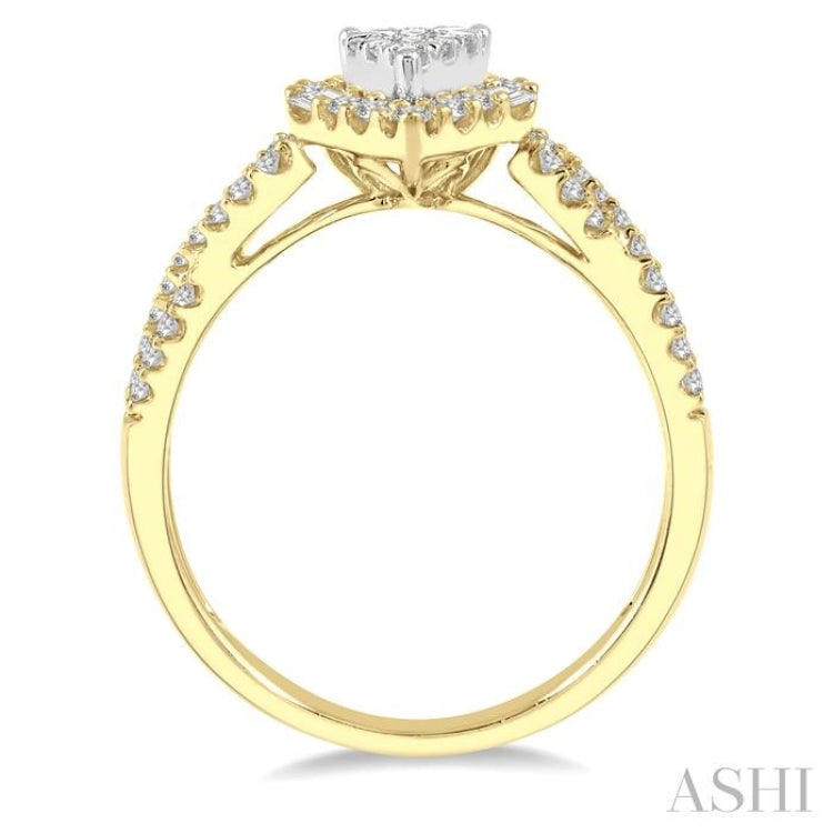 1/2 Ctw Pear Shape Bow Shank Lovebright Round and Baguette Diamond Ring in 14K Yellow and White gold