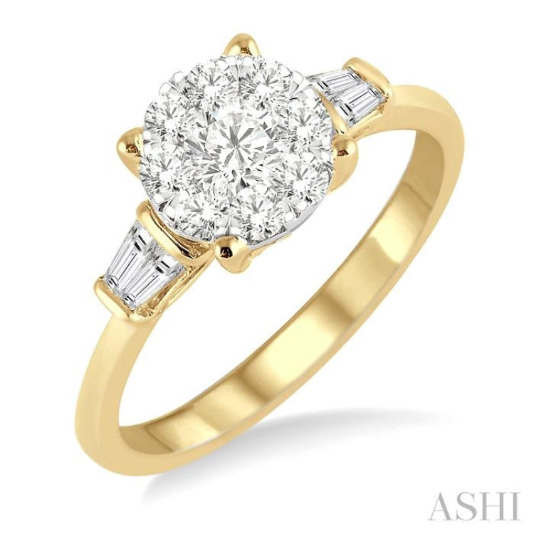 3/4 Ctw Round and Baguette Diamond Lovebright Engagement Ring in 14K Yellow and White gold