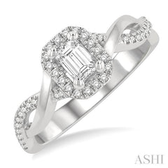 1/2 Ctw Twisted Shank Round & Emerald Cut Diamond Engagement Ring With 1/3 Ctw Emerald Cut Center Stone in 14K White Gold