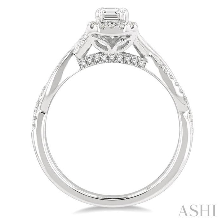 1/2 Ctw Twisted Shank Round & Emerald Cut Diamond Engagement Ring With 1/3 Ctw Emerald Cut Center Stone in 14K White Gold