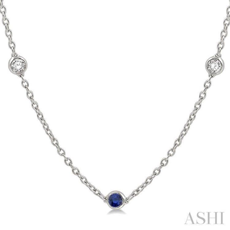 1/2 ctw Round Cut Diamond and 2.85MM Sapphire Precious Station Necklace in 14K White Gold