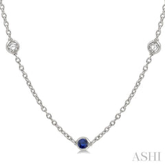 2.85 MM Sapphire and 1/2 Ctw Round Cut Diamond Precious Station Necklace in 14K White Gold