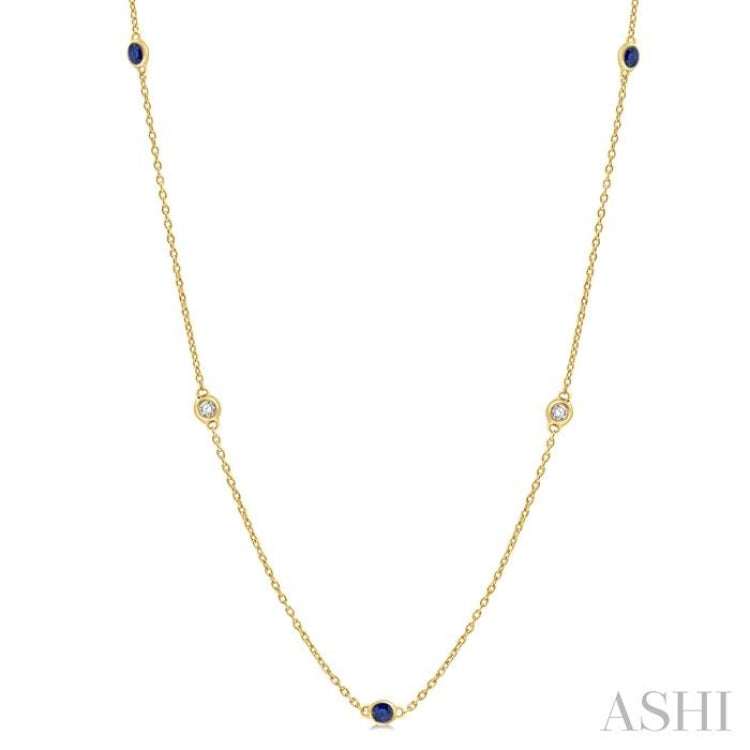 1/4 ctw Round Cut Diamond and 2.25MM Sapphire Precious Station Necklace in 14K Yellow Gold