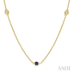 1/4 ctw Round Cut Diamond and 2.25MM Sapphire Precious Station Necklace in 14K Yellow Gold