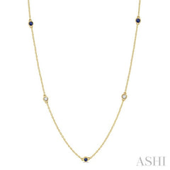 3/8 ctw Round Cut Diamond and 2.6MM Sapphire Precious Station Necklace in 14K Yellow Gold