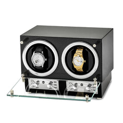 Luxury Giftware by Jere High Gloss Carbon Fiber Finish Glass Door Dual Watch Winder (AC Powered)