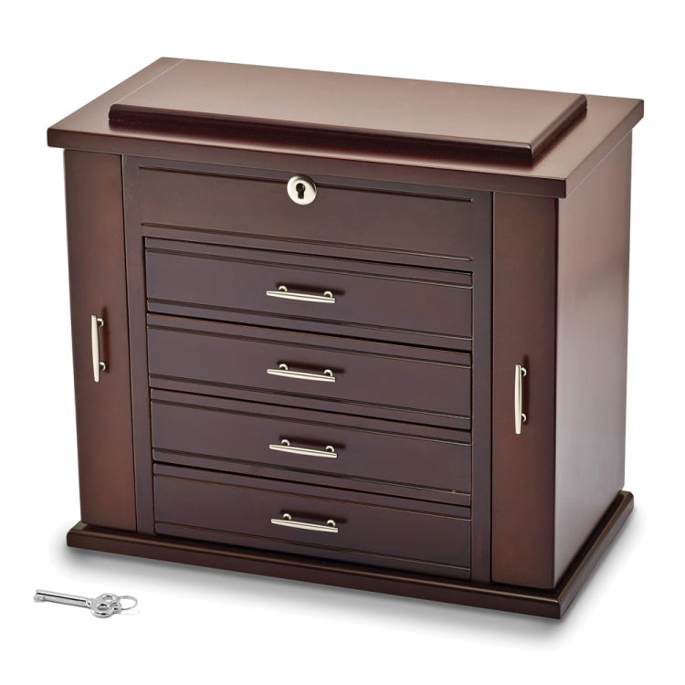 Luxury Giftware Matte Mahogany Finish Poplar Veneer 4-drawer w/Swing-out Sides Locking Wooden Jewelry Box