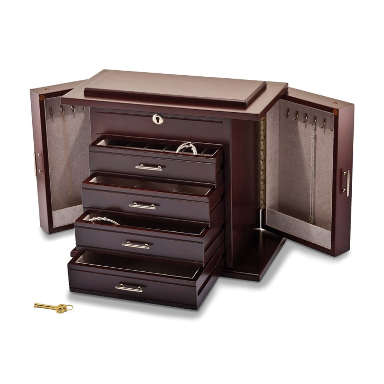 Luxury Giftware Matte Mahogany Finish Poplar Veneer 4-drawer w/Swing-out Sides Locking Wooden Jewelry Box