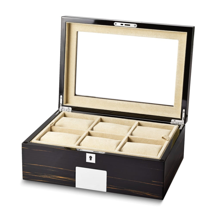 Luxury Giftware High Gloss Ebony Veneer Beveled Glass Lid Locking Wooden 6-Watch and Jewelry Box