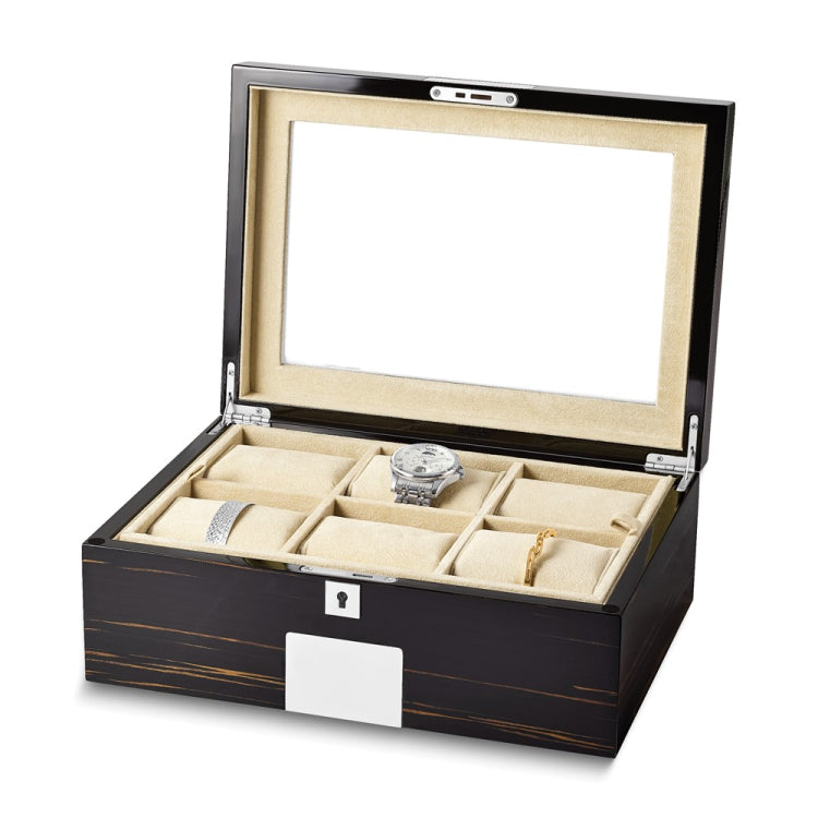 Luxury Giftware High Gloss Ebony Veneer Beveled Glass Lid Locking Wooden 6-Watch and Jewelry Box