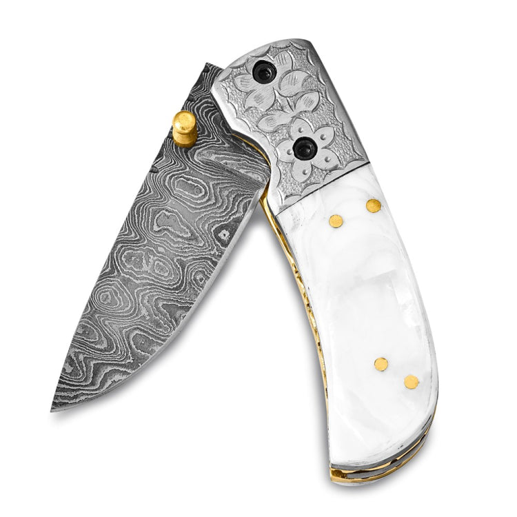 Luxury Giftware Damascus Steel 256 Layer Folding Blade Mother of Pearl Handle Knife with Leather Sheath and Wooden Gift Box