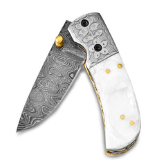 Luxury Giftware Damascus Steel 256 Layer Folding Blade Mother of Pearl Handle Knife with Leather Sheath and Wooden Gift Box