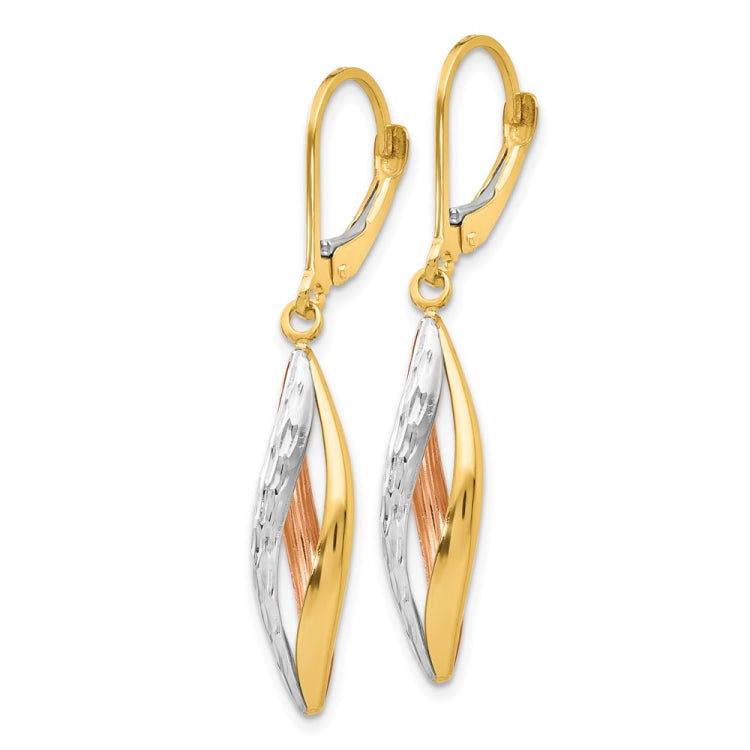 14K Two-tone with White Rhodium Diamond-cut Leverback Earrings