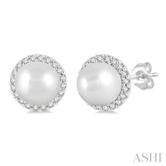 5.5 MM Round Shape Cultured Pearls and 1/8 Ctw Petite Round Cut Diamond Halo Fashion Stud Earrings in 10K White Gold
