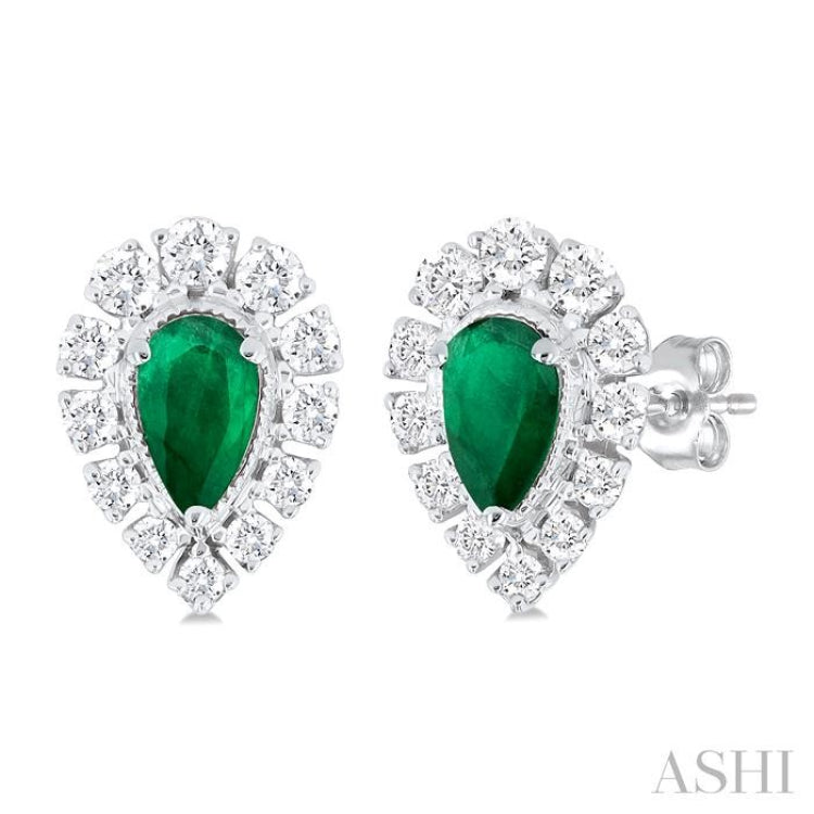 1/3 ctw Pear Cut 5x3 MM Emerald and Round Cut Diamond Precious Stud Earring in 14K White Gold