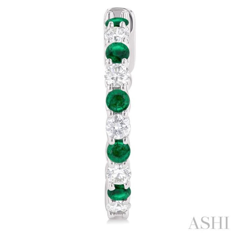 5/8 ctw Round 2.4 MM Emerald and Round Cut Diamond Precious Hoop Earring in 14K White Gold