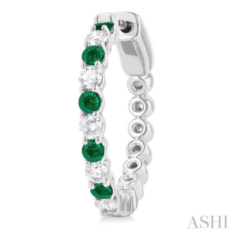 5/8 ctw Round 2.4 MM Emerald and Round Cut Diamond Precious Hoop Earring in 14K White Gold