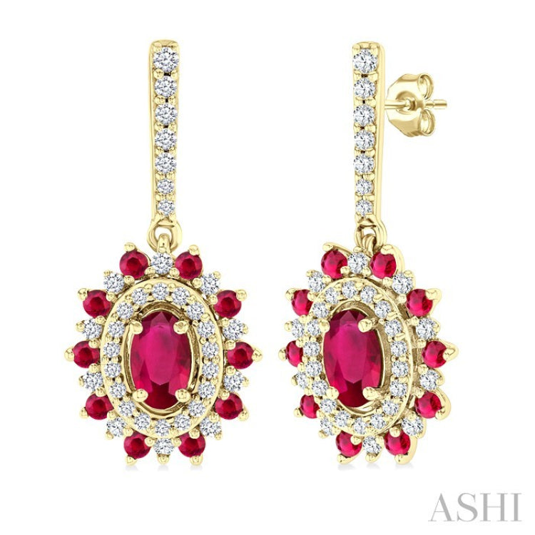 5x3 MM Oval Cut & 1.45 MM Round Cut Ruby and 1/3 Ctw Round Cut Diamond Precious Earrings in 14K Yellow Gold