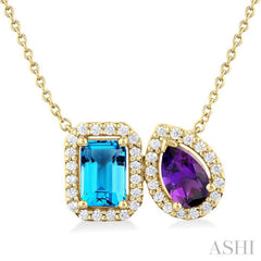 7X5 MM Emerald Cut Blue Topaz & Pear Cut Amethyst and 1/4 ctw Toi Et Moi Round Cut Diamond Necklace in 14K Yellow Gold