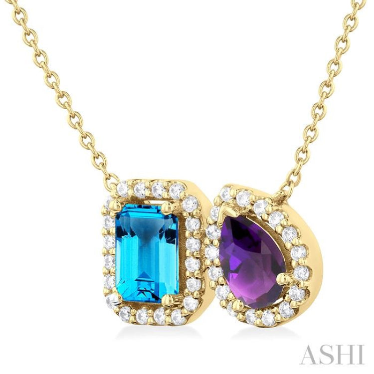 7X5 MM Emerald Cut Blue Topaz & Pear Cut Amethyst and 1/4 ctw Toi Et Moi Round Cut Diamond Necklace in 14K Yellow Gold