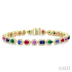 4X3 MM & 4 MM Mixed Shape Gemstone and 1 1/3 Ctw Round Cut Halo Diamond Bracelet in 14K Yellow Gold