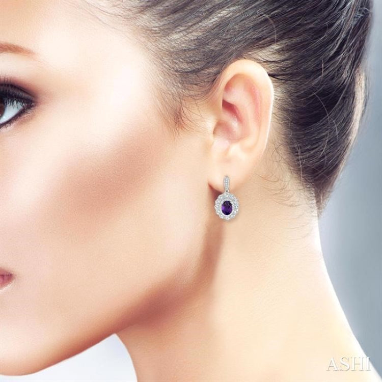 7X5 MM Oval Cut Amethyst and 1/20 Ctw Round Cut Diamond Semi-Precious Earring in Sterling Silver