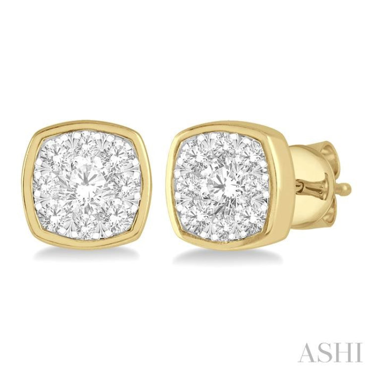 1/3 Ctw Cushion Shape Round Cut Diamond Lovebright Bezel Stud Earrings in 14K Yellow and White Gold