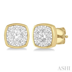 1/3 Ctw Cushion Shape Round Cut Diamond Lovebright Bezel Stud Earrings in 14K Yellow and White Gold