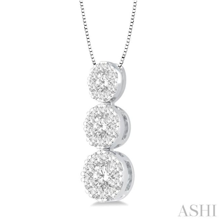 1 ctw Lovebright 3 stone Essential Round Cut Diamond Pendant with Chain in 14K White Gold