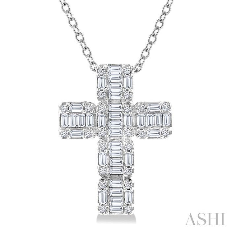 1/2 Ctw Fusion Baguette and Round Cut Diamond Cross Fashion Pendant With Chain in 14K White Gold