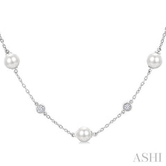 5 MM Round Shape Cultured Pearl and 1/4 Ctw Round Cut Diamond Station Necklace in 14K White Gold