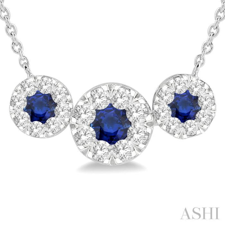 5/8 ctw Tri Stone 3.80MM & 3MM Sapphire and Round Cut Diamond Precious Necklace in 14K White Gold