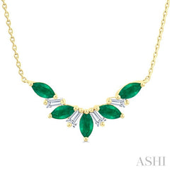 5x2.5 MM Marquise Cut Emerald and 1/6 Ctw Baguette Cut Diamond Precious Gemstone Necklace in 14K Yellow Gold