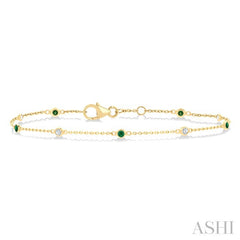 1.8 MM Emerald and 1/10 Ctw Bezel Set Round Cut Diamond Precious Gemstone Station Bracelet in 14K Yellow Gold