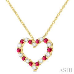 1/4 ctw Open Heart 1.80 MM Round Cut Ruby and Round Cut Diamond Precious  Fashion Pendant With Chain in 14K Yellow Gold