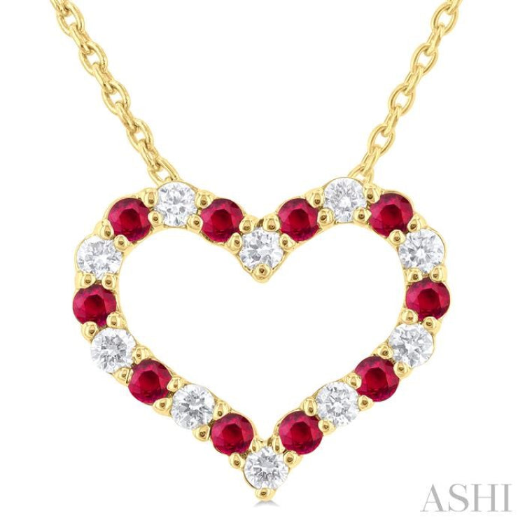 1/8 ctw Open Heart 1.4 MM Round Cut Ruby and Round Cut Diamond Precious  Fashion Pendant With Chain in 14K Yellow Gold