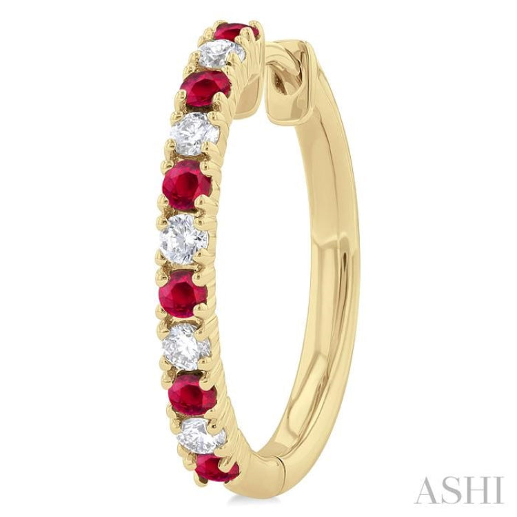 1/4 ctw Petite 1.80 MM Ruby and Round Cut Diamond Precious Fashion Huggies in 10K Yellow Gold